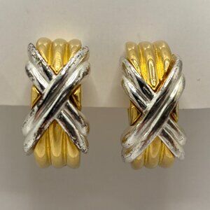 Vintage Two-Tone Gold and Silver Costume Clip-on Hoop Earrings